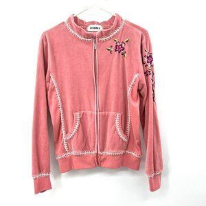 Vintage Donna Pink Velour Contrast Stitch Embroidered Full Zip Sweatshirt Y2K M